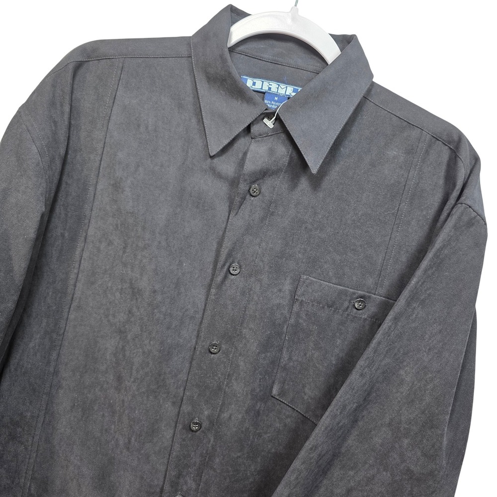 Drill Button Down Shirt Mens M Microfiber Faux Suede Long Sleeve Top Black